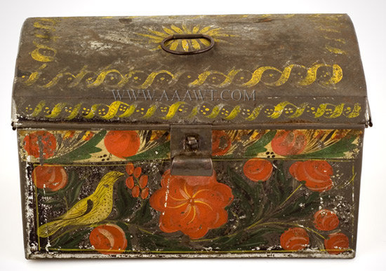 Toleware Box, Painted Tin Trunk, Paddle Tail Bird
Attributed to the North Family
Fly Creek, New York, entire view